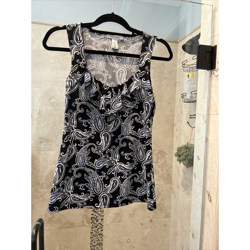 White House Black Market Tank Top Womens sz XS Black Blue Paisley Ruffle WHBM